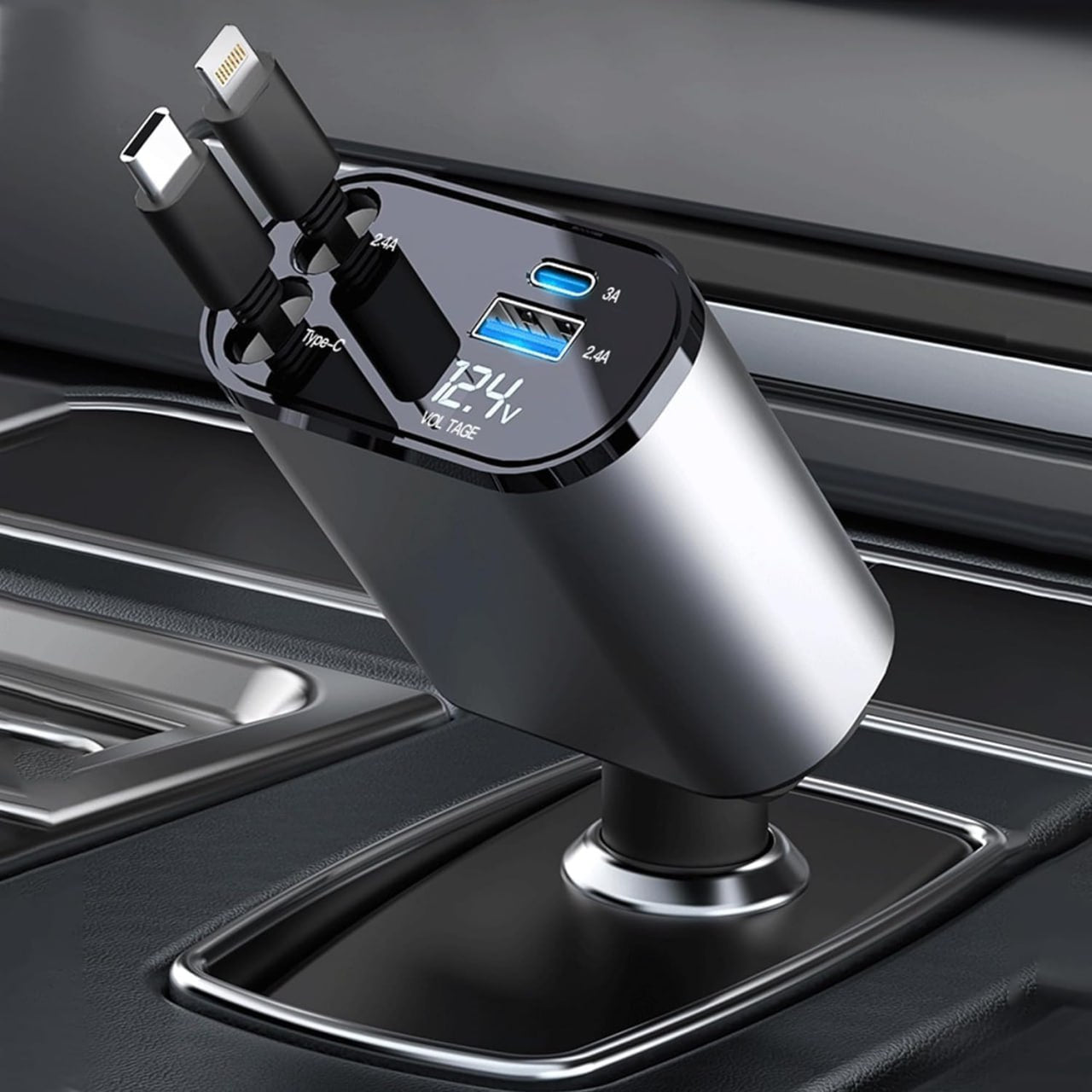 TrendTekk Retractable Car Charger 120W, 4 In 1 Fast Car Phone Charger, Retractable Cables, 2 USB Ports, Compatible With iPhone