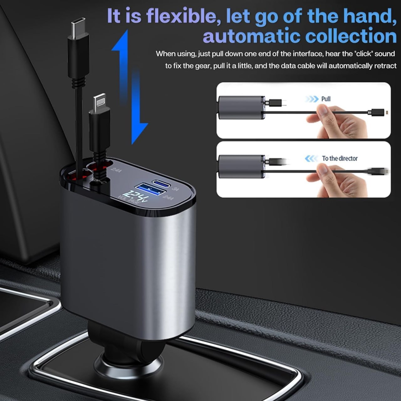 TrendTekk Retractable Car Charger 120W, 4 In 1 Fast Car Phone Charger, Retractable Cables, 2 USB Ports, Compatible With iPhone
