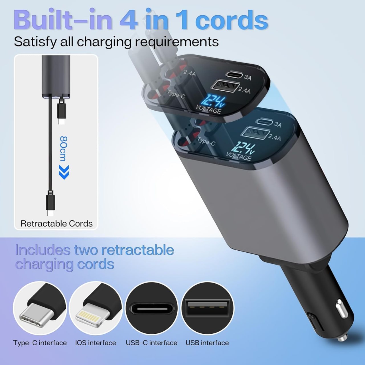 TrendTekk Retractable Car Charger 120W, 4 In 1 Fast Car Phone Charger, Retractable Cables, 2 USB Ports, Compatible With iPhone