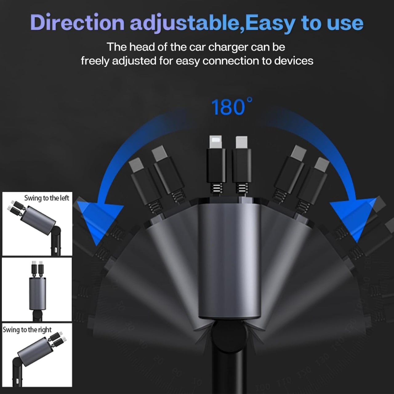 TrendTekk Retractable Car Charger 120W, 4 In 1 Fast Car Phone Charger, Retractable Cables, 2 USB Ports, Compatible With iPhone