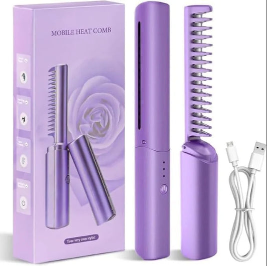 Rechargeable Mini Hair Straightener Comb Brush, Travel Portable USB Charging Cordless Hair Straightener Brush, Three Temperature Adjustments Flat Iron Comb