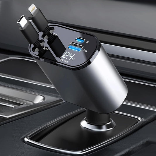 TrendTekk Retractable Car Charger 120W, 4 In 1 Fast Car Phone Charger, Retractable Cables, 2 USB Ports, Compatible With iPhone