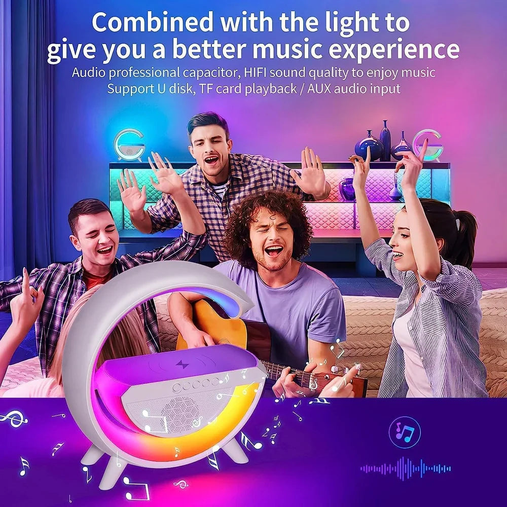 Wireless G Speaker with Wireless Charging, Desk Lamp Bedside Night Light, Smart Light, Sound Machine, and Bedroom Home Decor