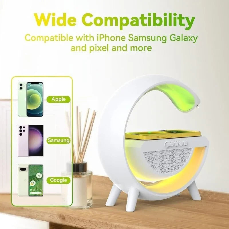 Wireless G Speaker with Wireless Charging, Desk Lamp Bedside Night Light, Smart Light, Sound Machine, and Bedroom Home Decor