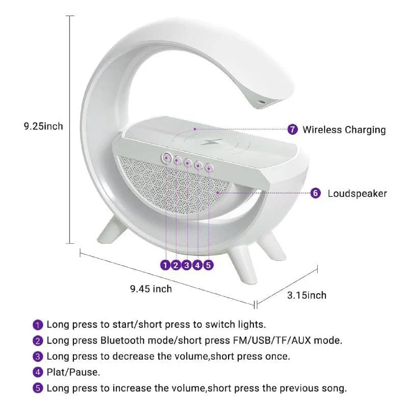 Wireless G Speaker with Wireless Charging, Desk Lamp Bedside Night Light, Smart Light, Sound Machine, and Bedroom Home Decor